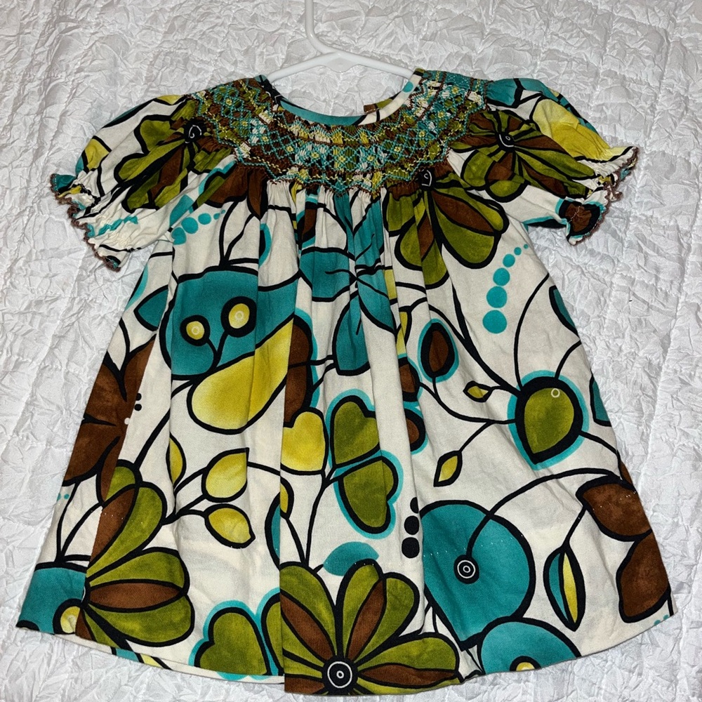 Green and Blue Floral Smocked Dress